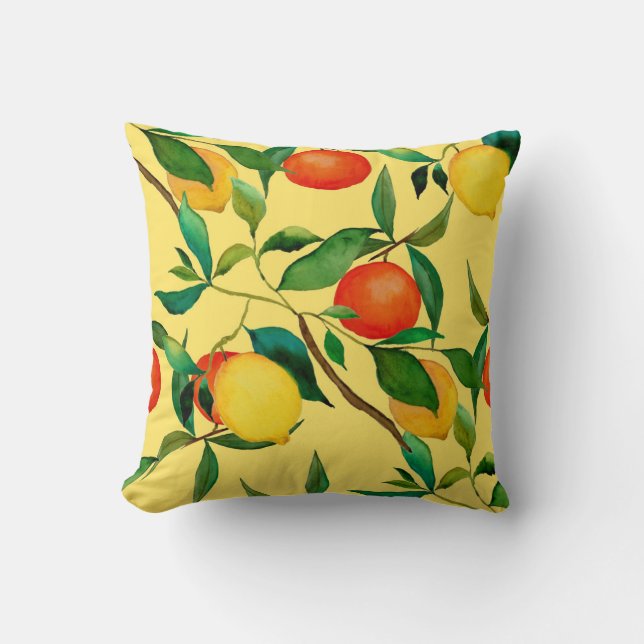 Coussin Fruits d'agrumes, motif d'aquarelle vibrante. (Recto)