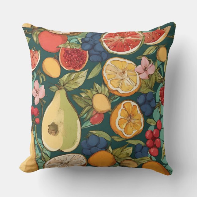 Coussin Fruits d'agrumes, raisins et fleurs variés. Peintu (Recto)