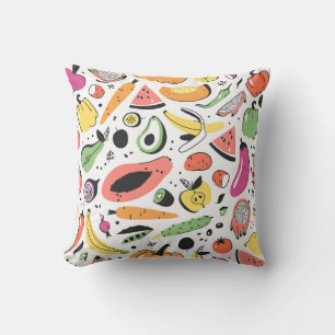 Coussin Fruits, légumes motif dessinés main.