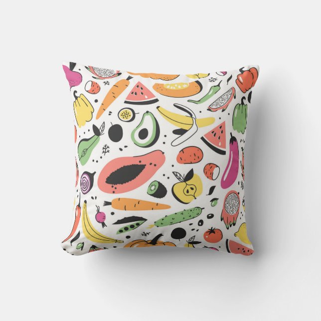 Coussin Fruits, légumes motif dessinés main. (Recto)