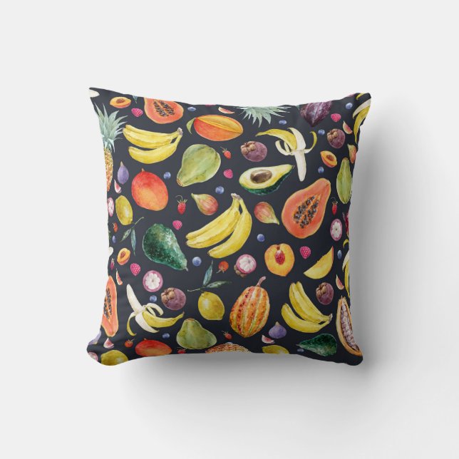 Coussin Fruits tropicaux : Aquarelle Motif Multifruit. (Recto)