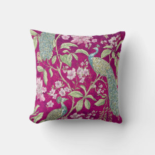 Coussin Fuchsia Chinoiserie paon floral