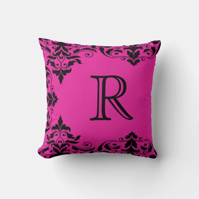 Coussin fuchsia et noir de damassé de monogramme (Recto)