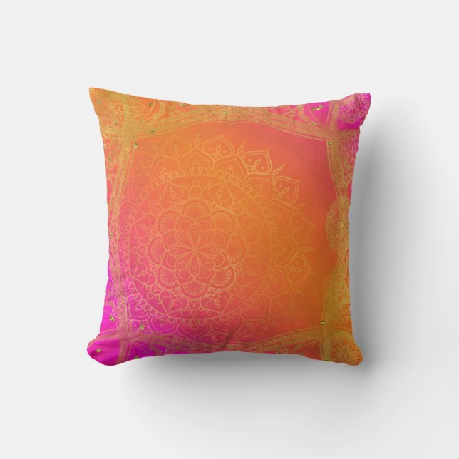 Coussin Fuchsia Pink Orange & Gold Indian Mandala Glam (Recto)