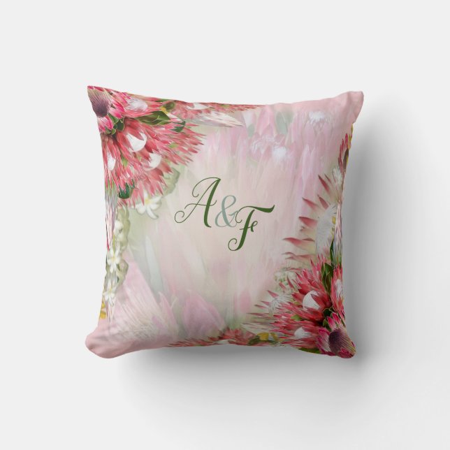 Coussin Fuchsia Protea's avec Blush & Gold Mariage cadeau (Recto)