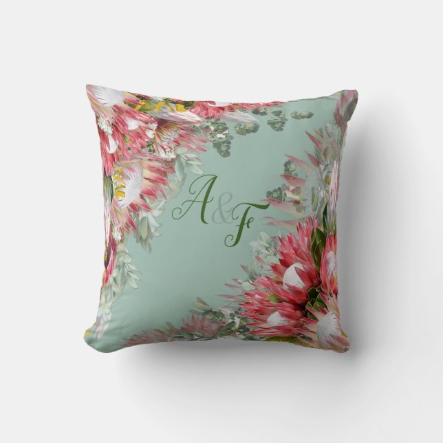 Coussin Fuchsia Protea's avec cadeau Mariage vert & or (Recto)