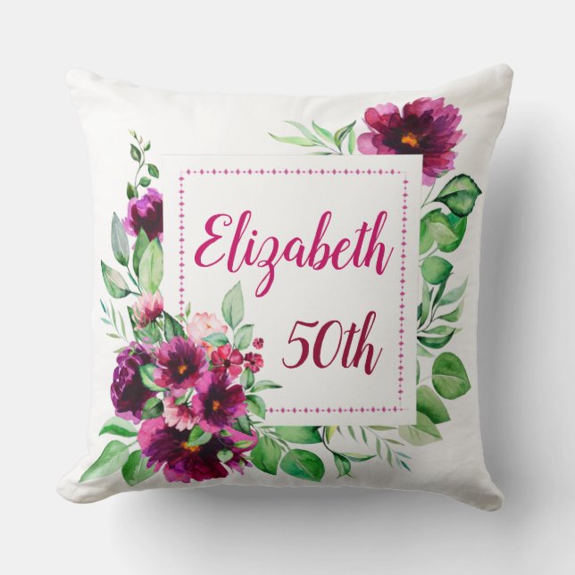 Coussin Fuchsia Rose Élégant Fleurs 50e Anniversaire  (Recto)