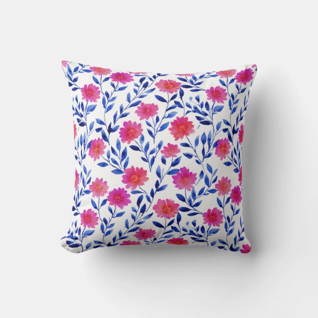 Coussin Fuchsia Rose Élégant Fleurs de Printemps Aquarelle (Recto)