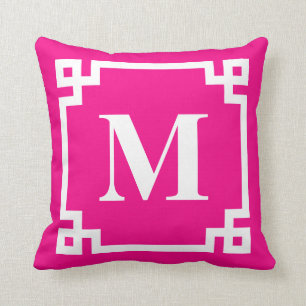 Coussin Fuchsia rose moderne Grèce clé Monogramme