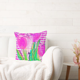 Coussin Fuchsia Tulipes roses dans un Vase multimédia