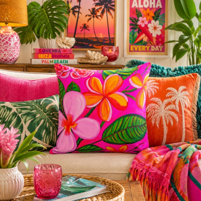 Coussin Fuchsia Vibrant Tropical Plumeria Pop (Créateur téléchargé)