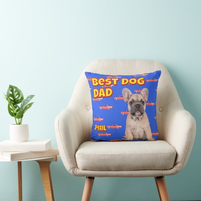 Coussin Fun Best Dog Papa - Custom Photo Cadeau Blue Retro (Chaise)