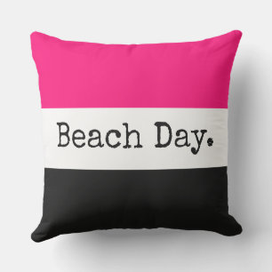Coussin Fun Bright Pink Black White Stripes "Beach Day"