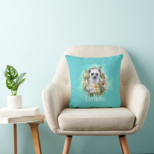 Coussin Fun lemur tropical floral turquoise nom personnali