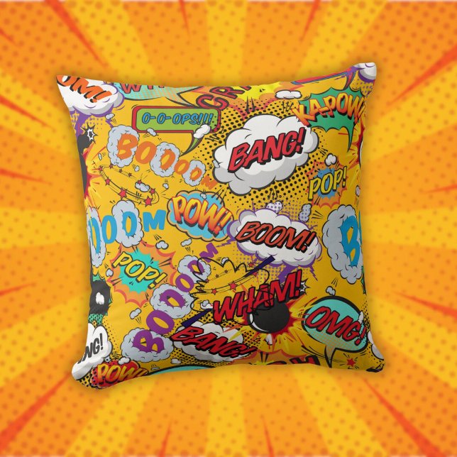 Coussin Fun Retro Comic Book Pop Art Explosions (Fun Retro Comic Book Pop Art Shout Outs Throw Pillow)