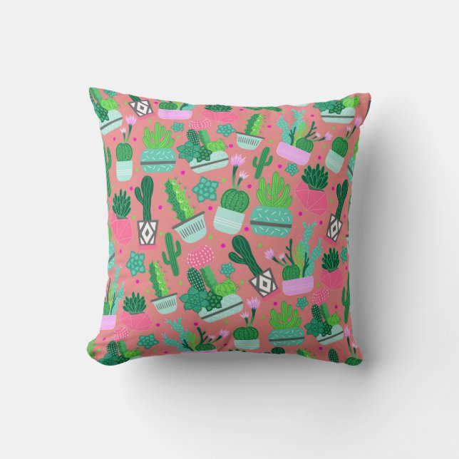 Coussin Fun Southwestern mignon fille rose Motif Cactus (Recto)