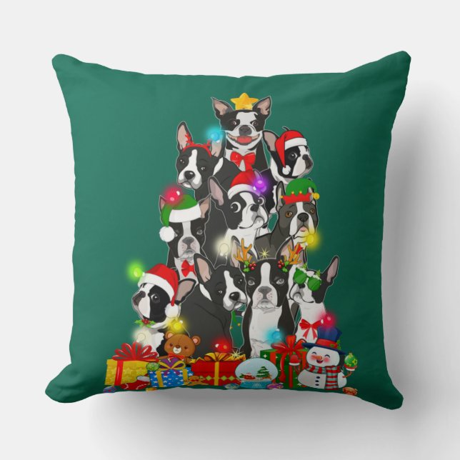Coussin Funky Boston Terrier Christmas Tree Lumières Chiot (Recto)
