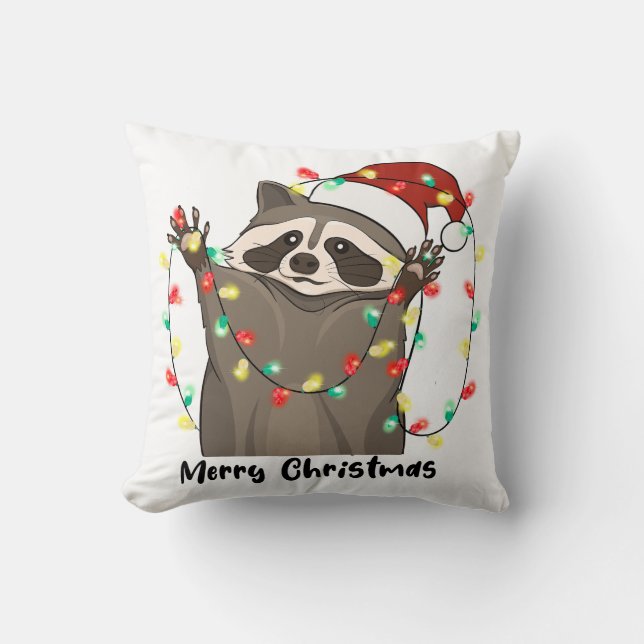 Coussin Funny Joyeux Raccoon de Noël (Recto)
