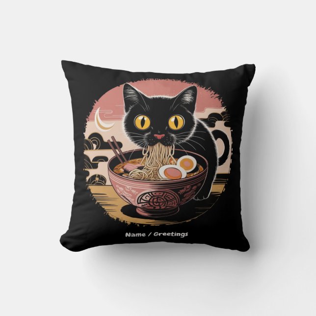 Coussin Funny Kawaii Chat Manger Ramen nouilles mignonnes  (Recto)