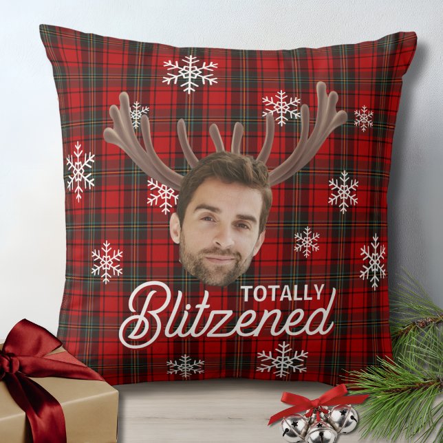 Coussin Funny Photo Face Blitzened Christmas Custom Gift (funny face totally blitzened christmas pillow with red plaid, snowflakes for white elephant gifts)