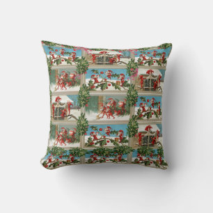 COUSSIN FUNNY RED CHRISTMAS ELVES, HOLLYBERRIES, MISTLETOE