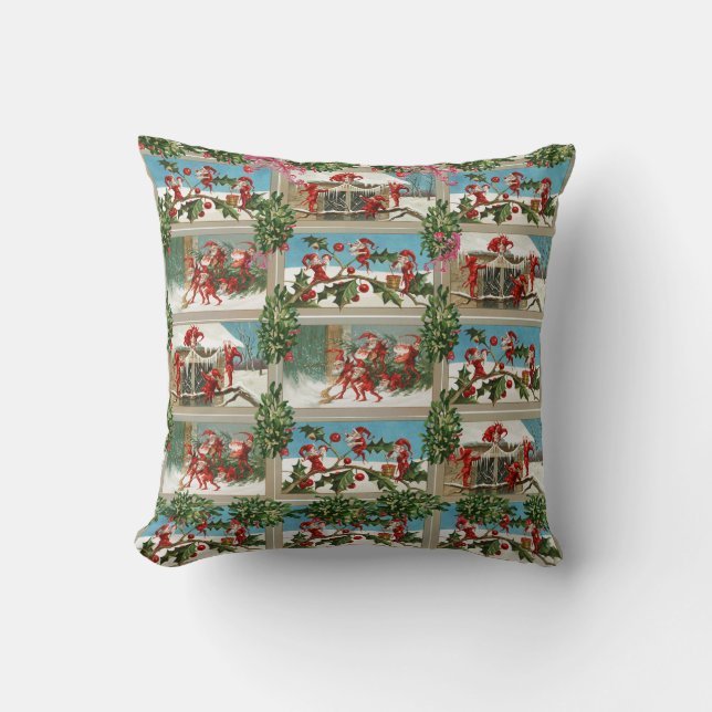 COUSSIN FUNNY RED CHRISTMAS ELVES, HOLLYBERRIES, MISTLETOE (Recto)