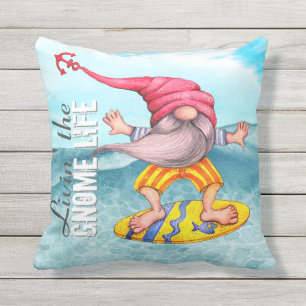 Coussin Funny Yellow Red Surfing Gnome Vagues estivales