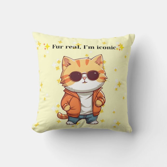 Coussin Fur Real, I’m Iconic | Funny Cat Decorative Pillow (Recto)