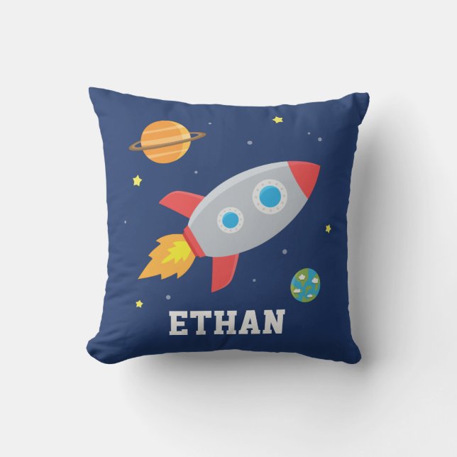 Coussin Fusée dans l'espace, planète et étoiles, nurserie (Recto)