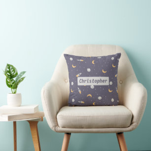 Coussin Fusée Lune Espace Planète Étoiles