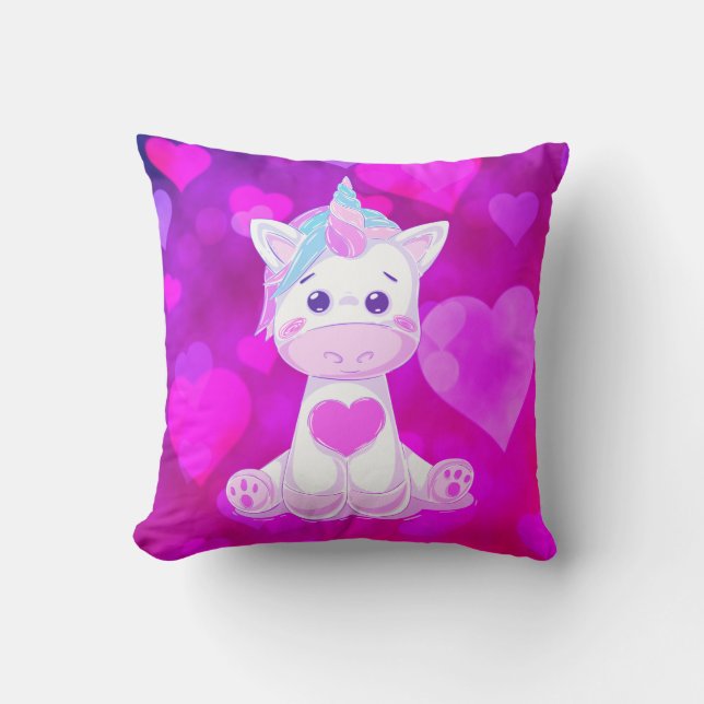 Coussin Fushcia Bébé Unicorne Coeur Imprimer Jeu d'oreille (Recto)