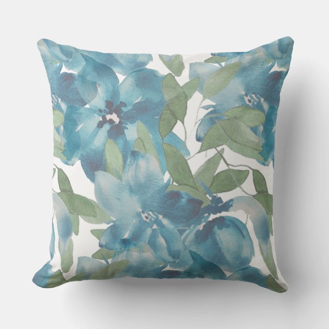 Coussin Fusion Florale Bleue Aquarelle Peinte à la Main (Recto)