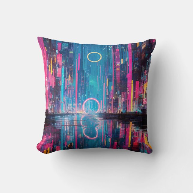 Coussin Futuristic Vibrant Neon Night Cityscape (Recto)