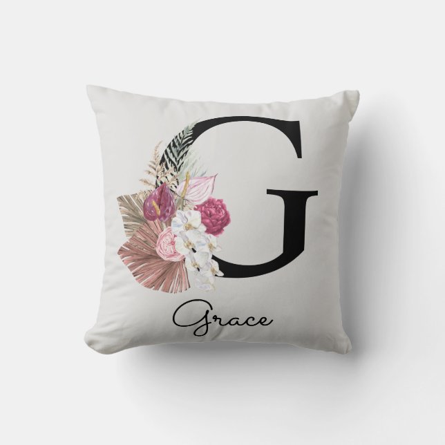 Coussin G initiale monogrammée floral boho rose (Recto)