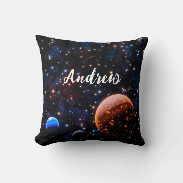Coussin Galaxie avec étoiles et nom des planètes (Recto)