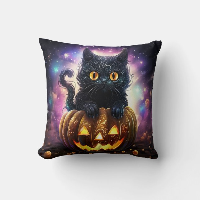 Coussin Galaxie Citrouille Chat Noir  (Recto)