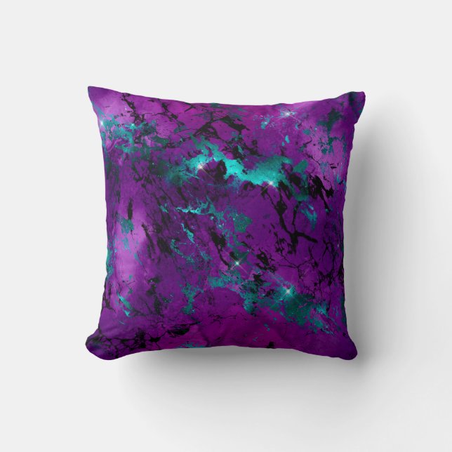 Coussin Galaxie de marbre violet et sarcelle à l'aquarelle (Recto)