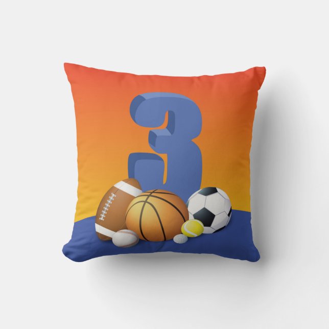 Coussin Garçon 3e Anniversaire Ballons Sportifs (Recto)