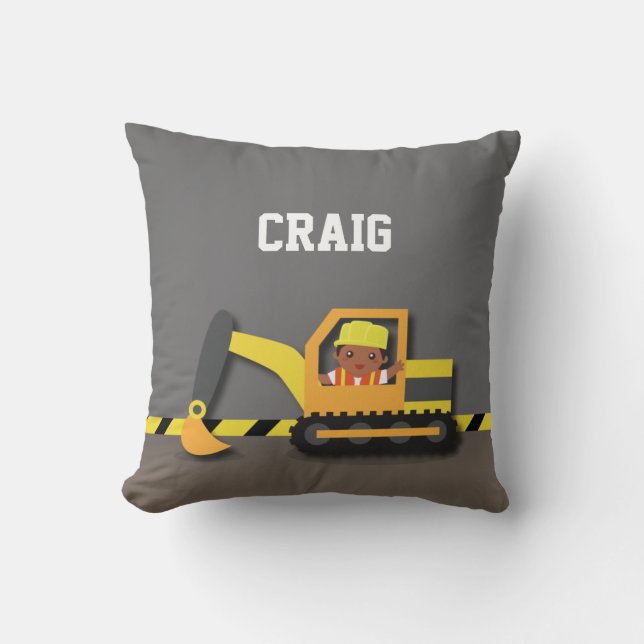 Coussin Garçon Afro-Américain Construction Excavatrice (Recto)