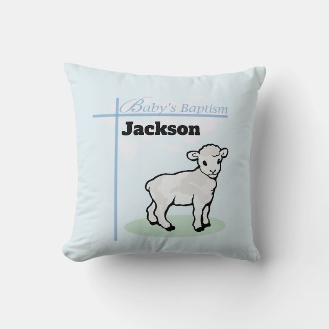 Coussin Garçon agneau bleu baptême, personnalisable (Recto)