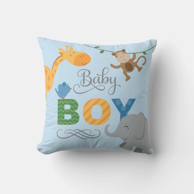 Coussin Garçon Bébé Bleu Animaux de la Jungle Nursery (Recto)