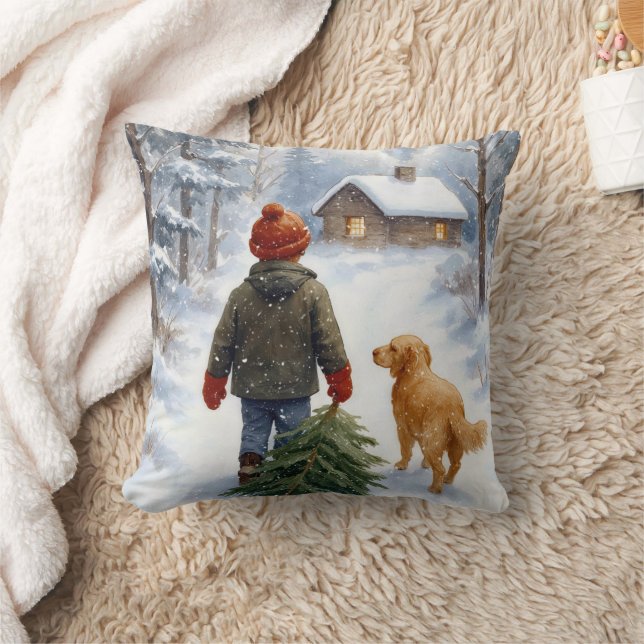 Coussin Garçon de Noël dans des flocons de neige avec un p (Couverture)