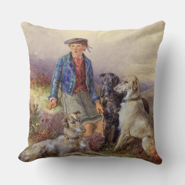 Coussin Garçon écossais avec des chiens-loup dans un (Recto)
