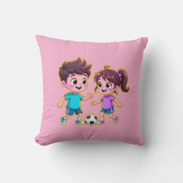 Coussin Garçon et fille de dessin animé mignons jouant au  (Recto)