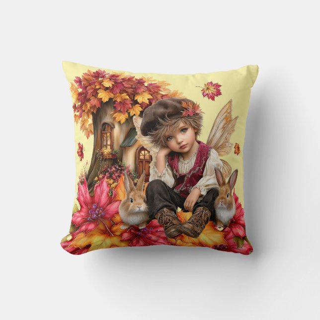 Coussin Garçon fée du clan Maple avec lapins et feuilles d (Recto)