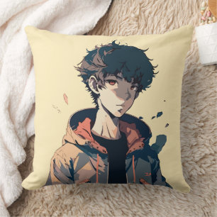 Coussin Garçon Manga Élégant en Veste Marron