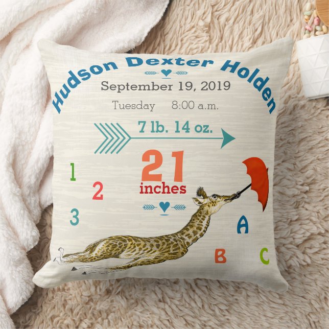 Coussin Garçon Nursery Baby Birth Stats Giraffe Arrow Moti (Couverture)