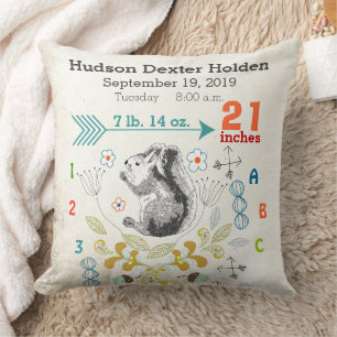 Coussin Garçon Nursery Bébé Naissance Stat Squirrel Flèche