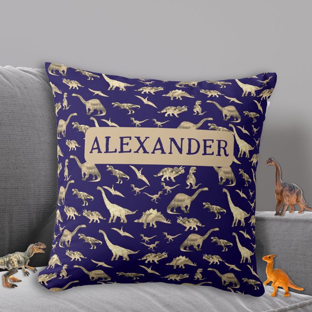 Coussin Garçon Personnalisé Dinosaure Bleu (Personalized Dinosaur pattern boys navy blue pillow custom Dino home decor)