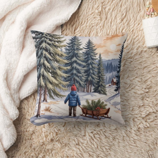 Coussin Garçon tirant un traîneau avec des branches de sap (Couverture)